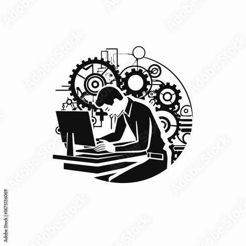 Businessman working hard at computer with cogs and gears silhouette
