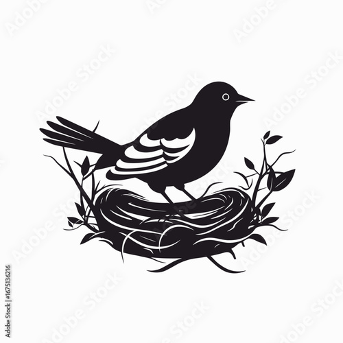 Elegant bird perched serenely on nest, a minimalist nature icon silhouette
