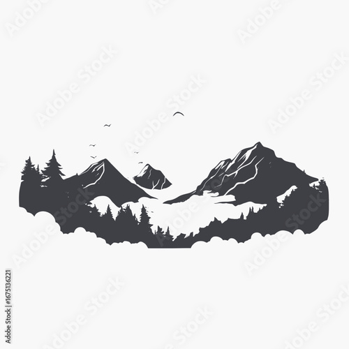 Serene mountain landscape with forest and clouds beautiful vector graphic silhouette