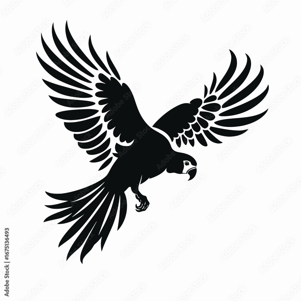Fototapeta premium Striking parrot with wings spread elegantly in dark monochrome silhouette