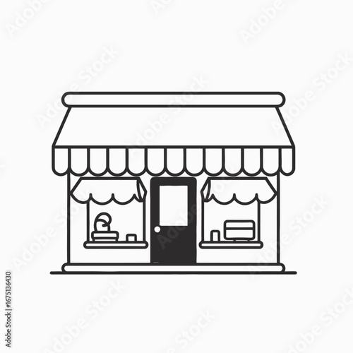 Minimalist shop front with striped awning in line art style silhouette