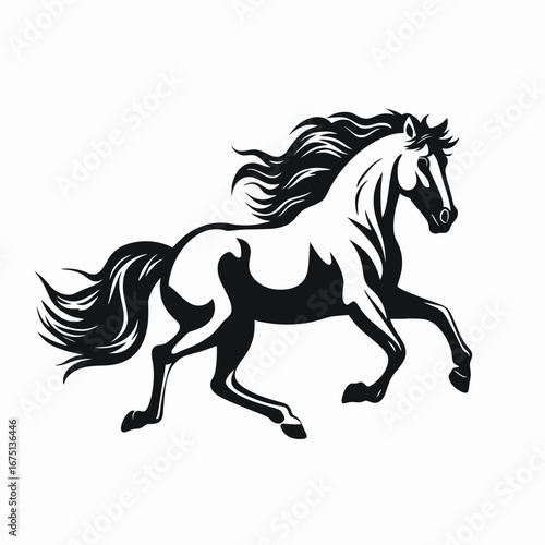A beautiful prancing horse, graceful and strong, presented in black silhouette