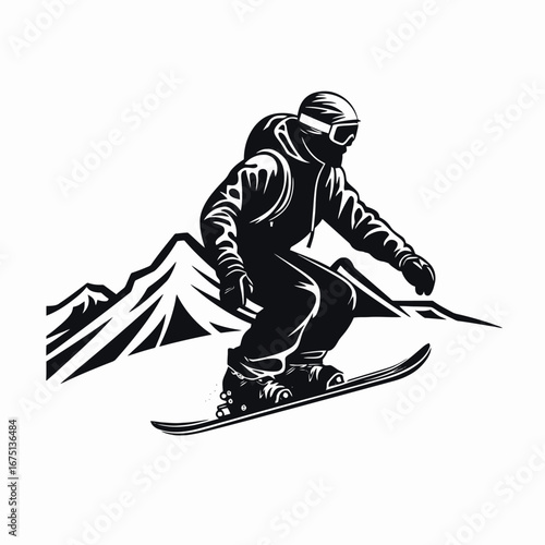 Exciting downhill skiing vector in black and white minimalistic silhouette