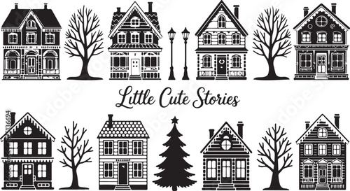 Little Cute Stories Houses Vector Illustration Featuring Trees and Street Lamp
