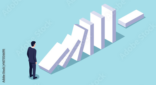 Businessman watches domino effect, representing business risk, failure, or chain reaction concept