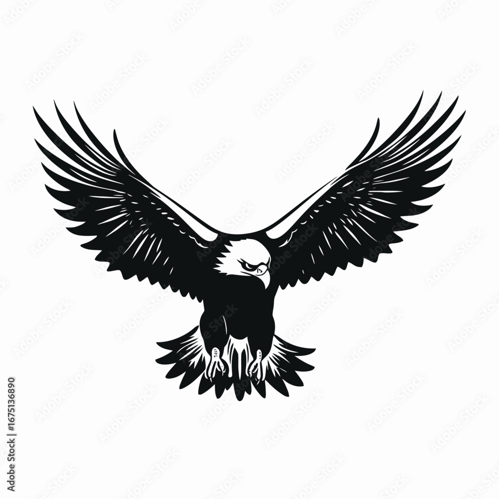 Fototapeta premium Dramatic eagle soars with wings spread wide in monochrome silhouette