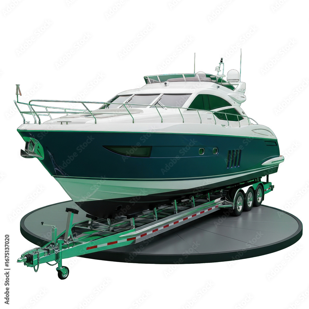 Obraz premium Sleek motor yacht on a trailer captured in a pristine studio setting showcases maritime engineering