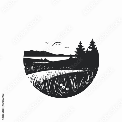 Serene lakeside scene with pine trees and gentle waves monochrome silhouette