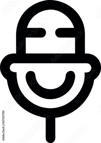 Simple black and white line art icon of a friendly, smiling microphone character, representing podcasting, broadcasting, and happy communication