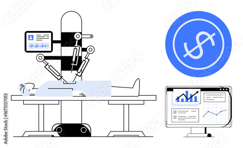 Robotic surgical arm operating on patient, monitors showing health data and financial graphics. Ideal for healthcare, robotics, innovation, finance, medical technology, cost analysis, future surgery