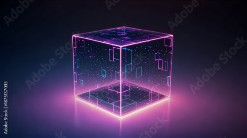 Vibrant neon cube with glowing digital circuits and particles, symbolizing futuristic technology and data flow in a modern abstract concept.