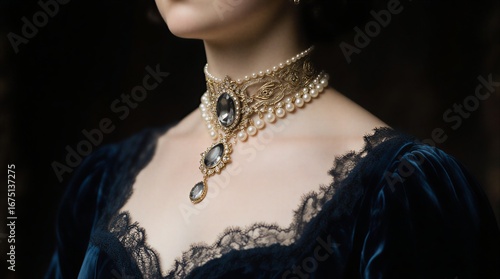 vintage choker with pearl and gold details displayed elegantly | fashion, costume, evening, elegance, style theme