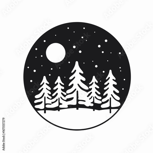 Majestic winter night scene in the snow forest monochrome silhouette