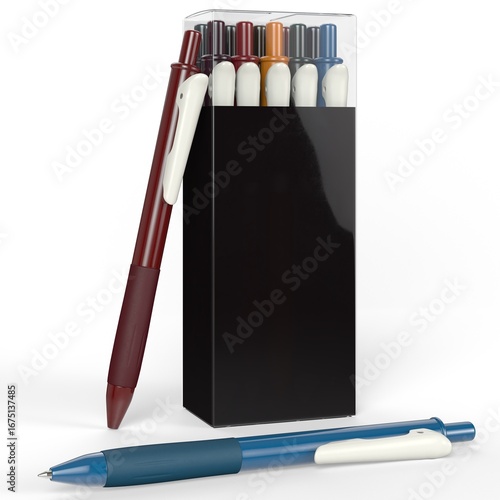 Pack of colorful ballpoint pens in black box with transparent lid, isolated on white background. Perfect stationery for school, office, study and business supplies.