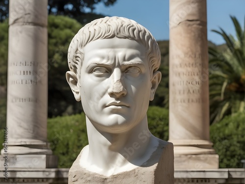 Marble bust of roman emperor constantine the great with columns and greenery