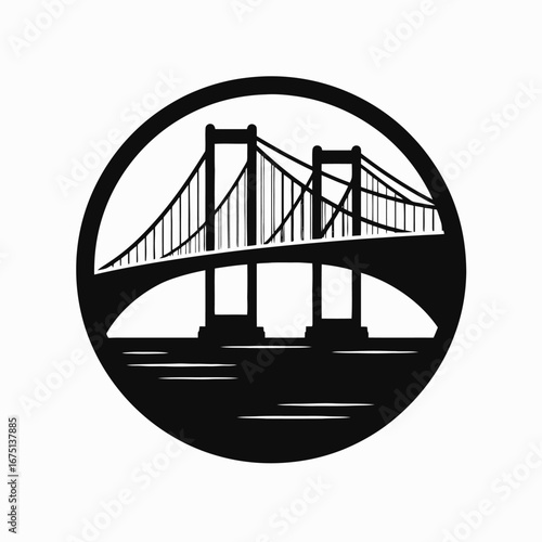 Iconic suspension bridge spans water in simple graphic black silhouette