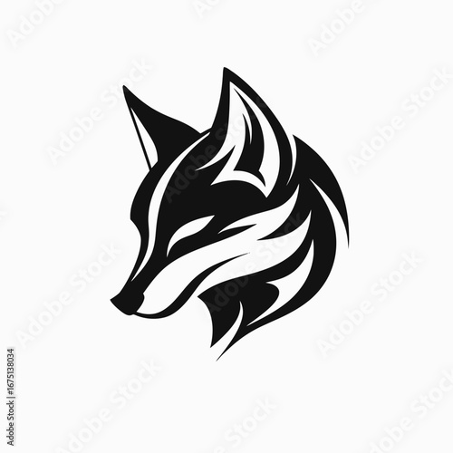 Dramatic black and white animalistic fox head vector design silhouette