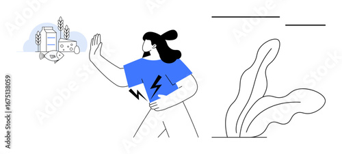 Woman gesturing stop towards dairy, fish, and wheat products. Ideal for allergy prevention, dietary restrictions, health awareness, food choice, nutrition advice, self-care simple flat metaphor