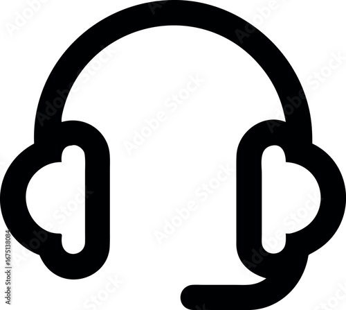 Minimalist line art icon of a headset with a microphone. A simple black and white vector symbol for customer support, call centers, communication, and audio services