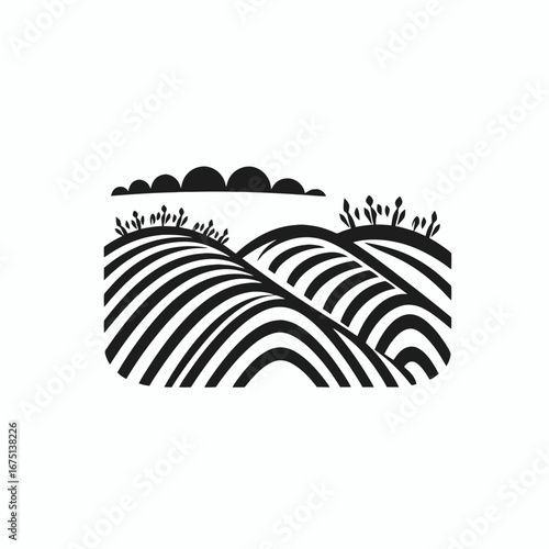 Elegant cultivated farmland with rolling hills and minimal plant life silhouette