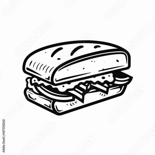 Delicious sketched sandwich with bacon and lettuce in black graphic silhouette