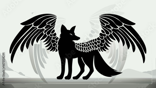 Silhouette of a fox with large black wings standing in a landscape with mountains in the background