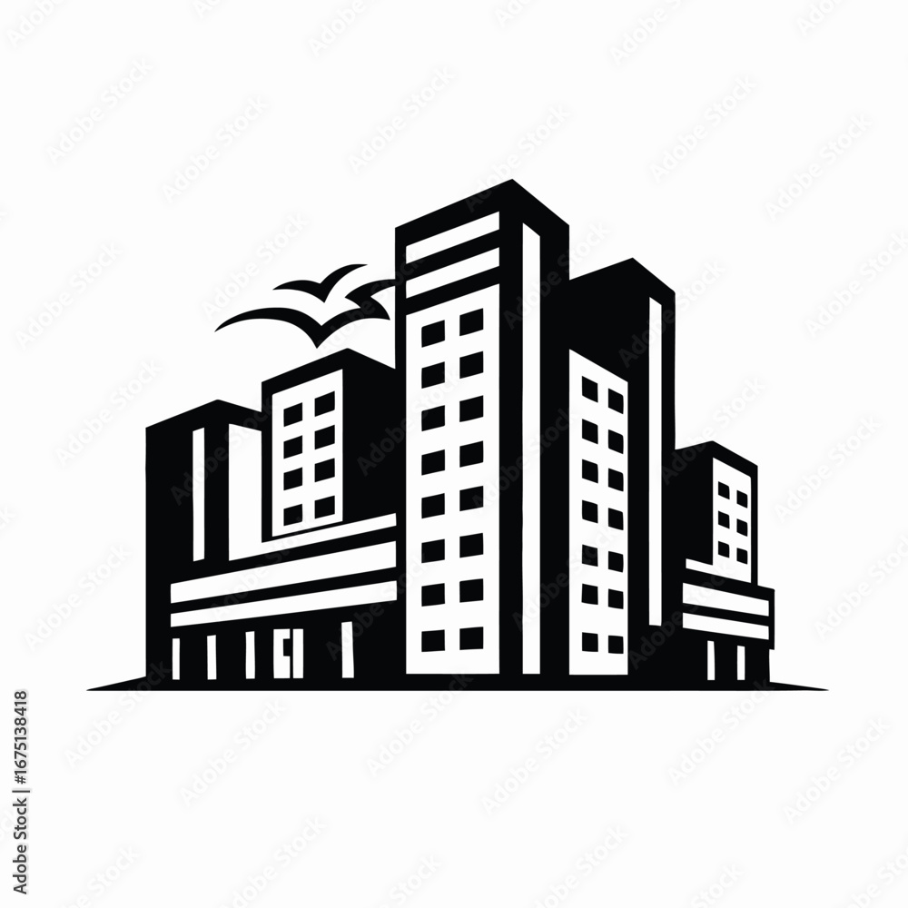 Obraz premium Striking modern city buildings with bird flock soaring up high silhouette