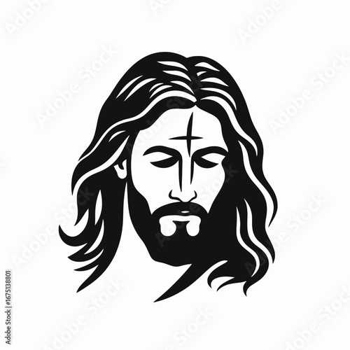 A stylized portrait of Jesus Christ in a striking black silhouette