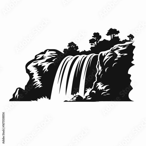 Majestic waterfalls cascading from rocky cliffs into a tranquil nature silhouette