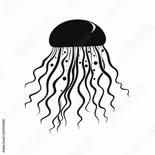 Elegant deep sea jellyfish with dangling tentacles abstract ocean black silhouette