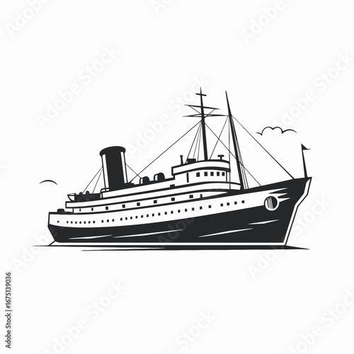Elegant classic cruise liner sailing gracefully, detailed black and white silhouette