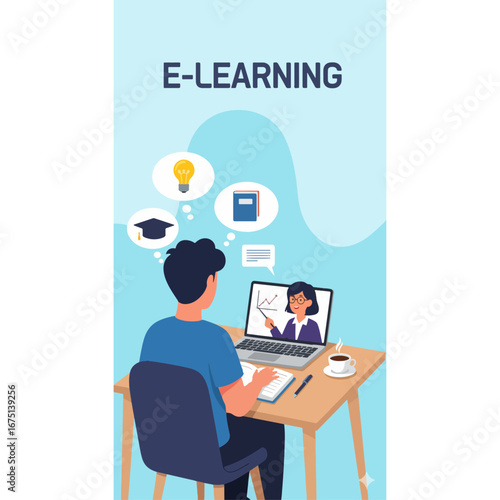 Flat vector illustration of e-learning concept with student attending online class on laptop, digital education and virtual study