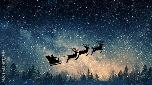 Santa Claus silhouette in snowy night sky with reindeer