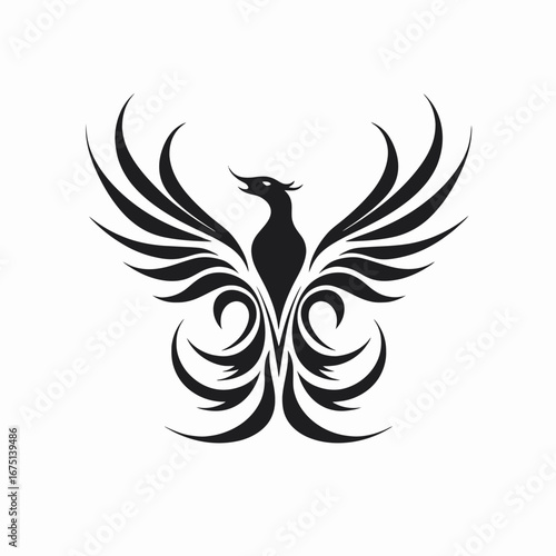 Striking graphic phoenix design soars as powerful and majestic black silhouette