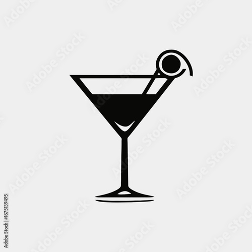 Minimalist drink icon with olive, martini glass, cocktail silhouette