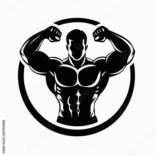Imposing muscular bodybuilder flexing strength inside a circle graphic silhouette