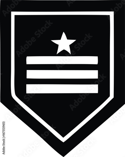 Military rank insignia featuring a star and three stripes on a black shield with white outline