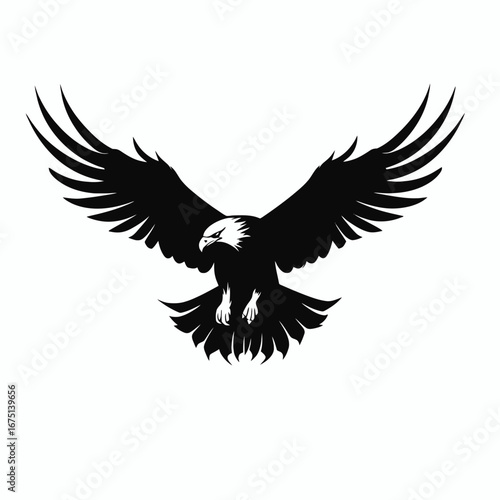 Bold eagle soars, displaying powerful wings in a black silhouette