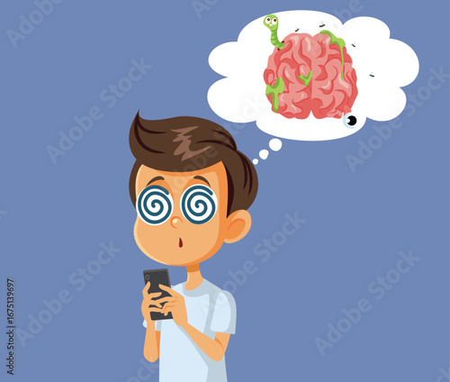 Kid Suffering from Brain Rot Scrolling Phone Vector Cartoon. Hypnotized boy experiencing side effects on doom scrolling on social media 
