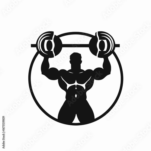 Bodybuilder lifting barbell above head inside of circle logo silhouette