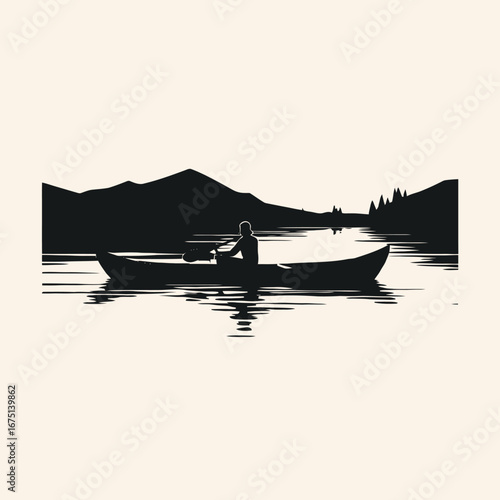 Tranquil lakeside scene shows a lone canoeist paddling gently, in silhouette