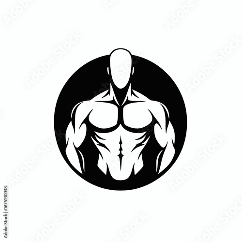 Striking muscular bodybuilder in black circle on white backdrop silhouette