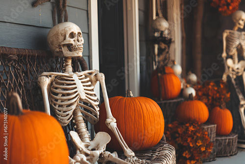 Halloween porch with skeleton, pumpkins and autumn decorations outside house.