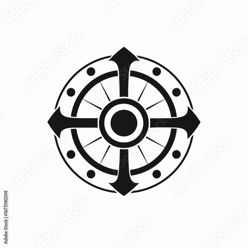 Circular compass design with navigational arrows and dots in crisp silhouette