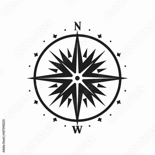 Nautical compass rose drawing, directional guidance and travel planning vector illustration silhouette