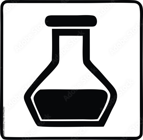Simple black and white chemical flask icon represents scientific experiments and laboratory discoveries for various projects.