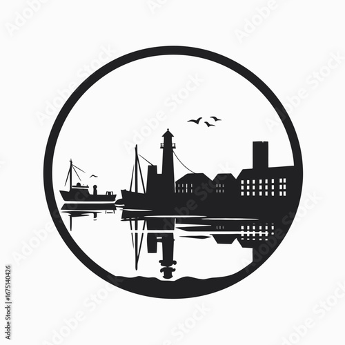 Maritime harbor with lighthouse and fishing boat city skyline reflection silhouette