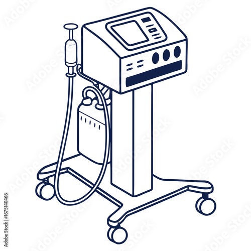 A medical ventilator machine with a monitor and tubes depicted in a clean isometric line art style.