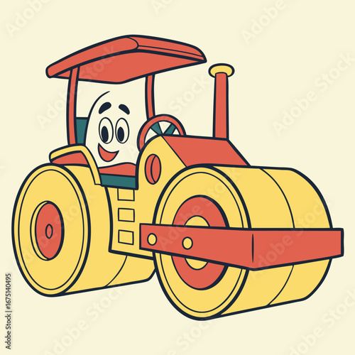 A cheerful yellow and red cartoon road roller character with a happy smiling anthropomorphic face.