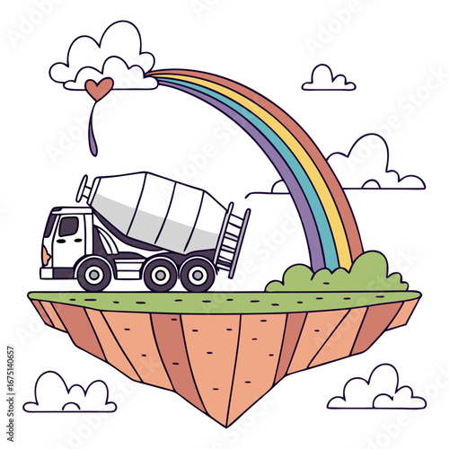 Cartoon Concrete Mixer Truck with Rainbow on Floating Island.